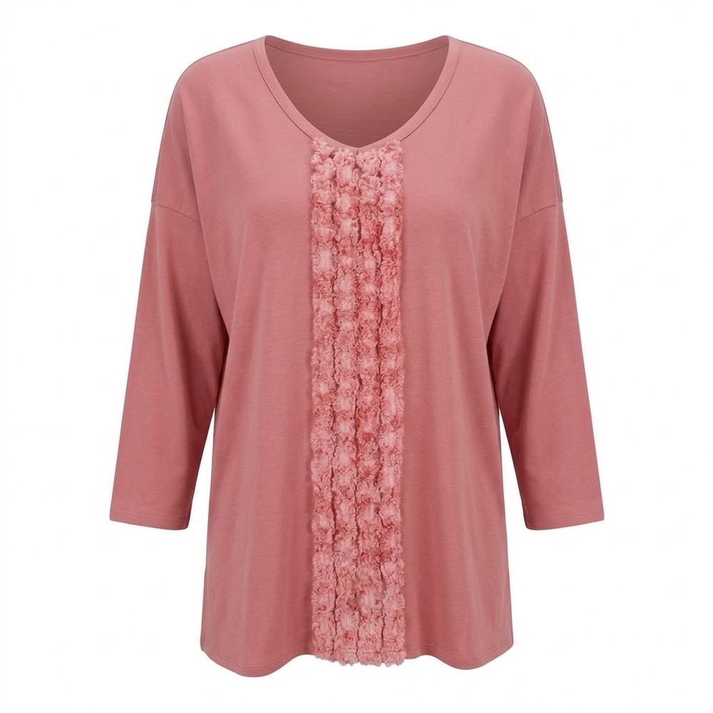 NYDJ Women's SMALL Pink Cotton Modal V-Neck 3/4 Sleeve T-Shirt Ruffle Trim